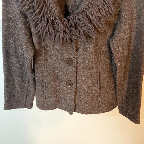 Cynthia Rowley 100% Boiled Wool Brown Sweater w/ Fringe Neckline SZ Large - Picture 3 of 10